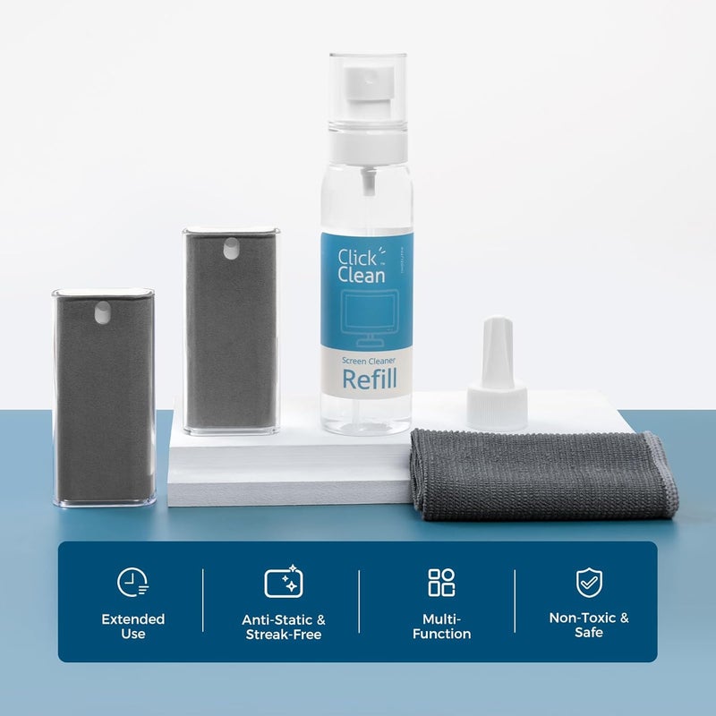 CLICK CLEAN Screen Cleaner Kits - 2 All-in-One Mist Cleaner with 4 oz Refill, 1 Microfiber Cloth(7.8 x 7.8in), 1 Mini Funnel, and 1 Sprayer - for All Phones, Laptop and Tablet Screens - Image 2